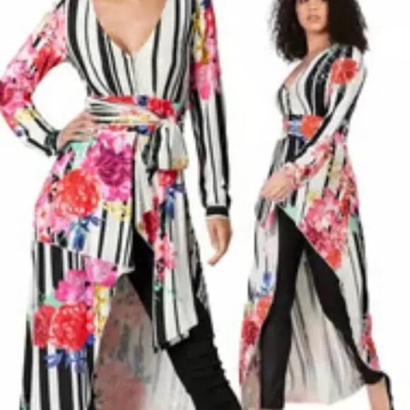 Venus Black White Striped Floral Belted High-Low Duster Tunic Top SZ L - Picture 2 of 11